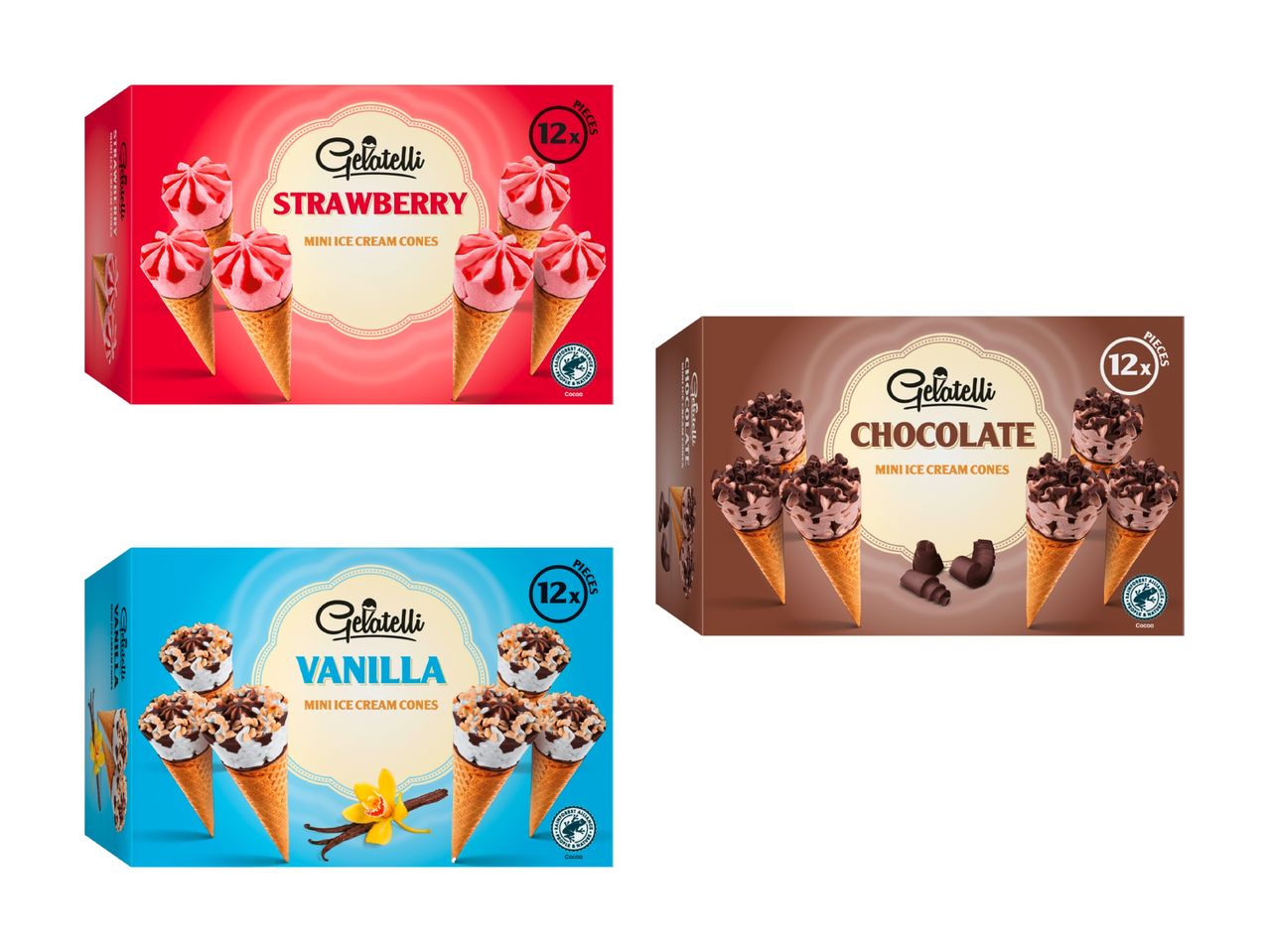 Tre confezioni di coppette gelato Cadbury ai gusti fragola, cioccolato e vaniglia.