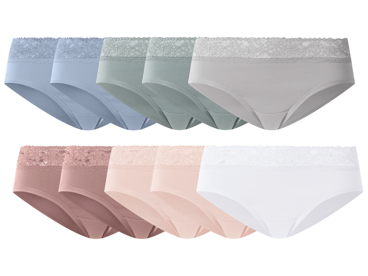 Set od 10 ženskih gaćica u različitim bojama s čipkastim rubom.