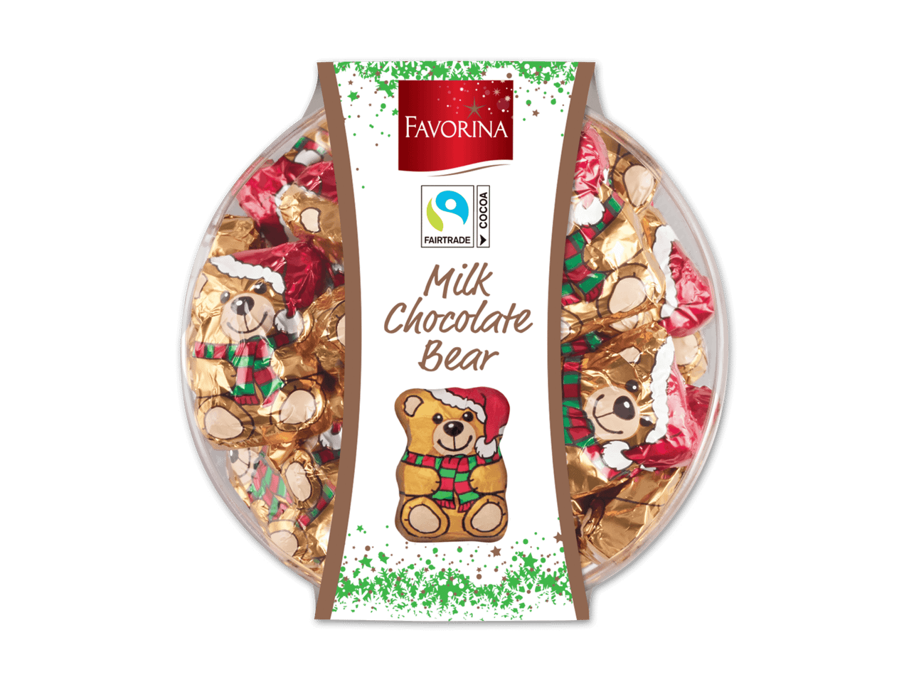 Favorina Milchschokoladen-Bären in festlicher Verpackung, Fairtrade-zertifiziert.