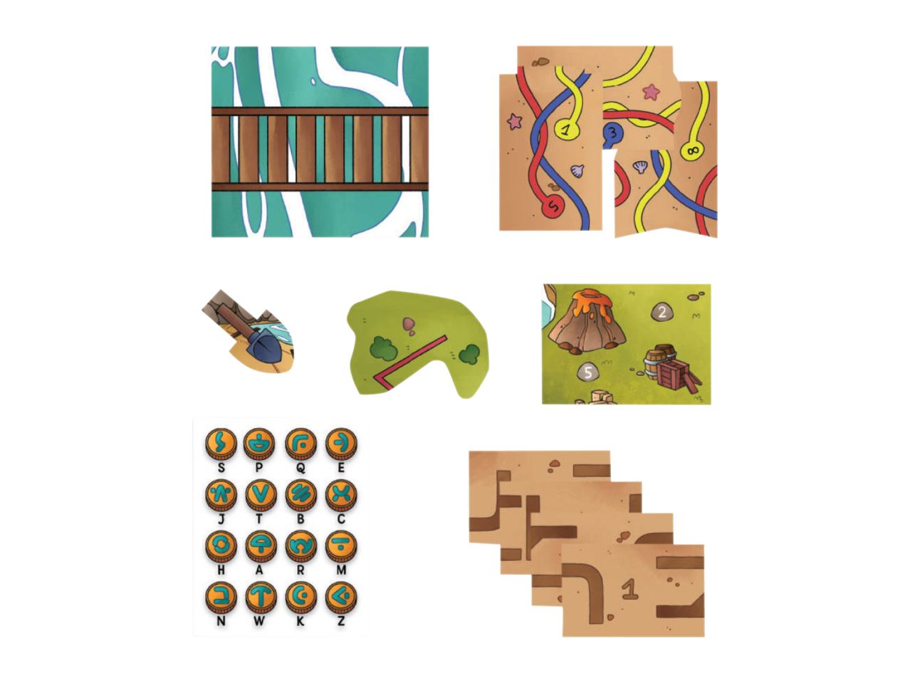 Various game board pieces including a bridge, sand paths, a volcano, and letter tokens.