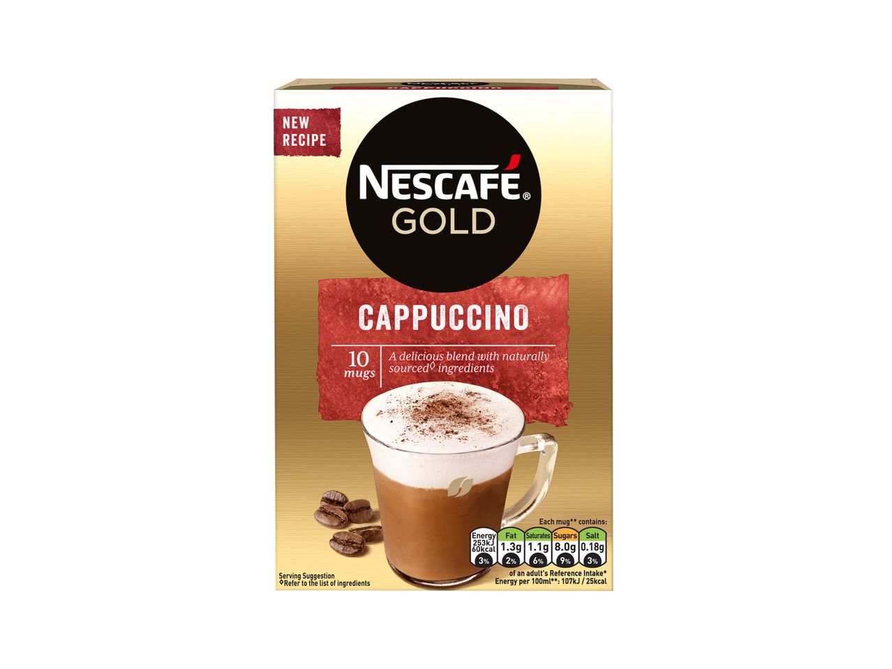 Συσκευασία NESCAFE GOLD Cappuccino με 10 κούπες και διατροφικές πληροφορίες.