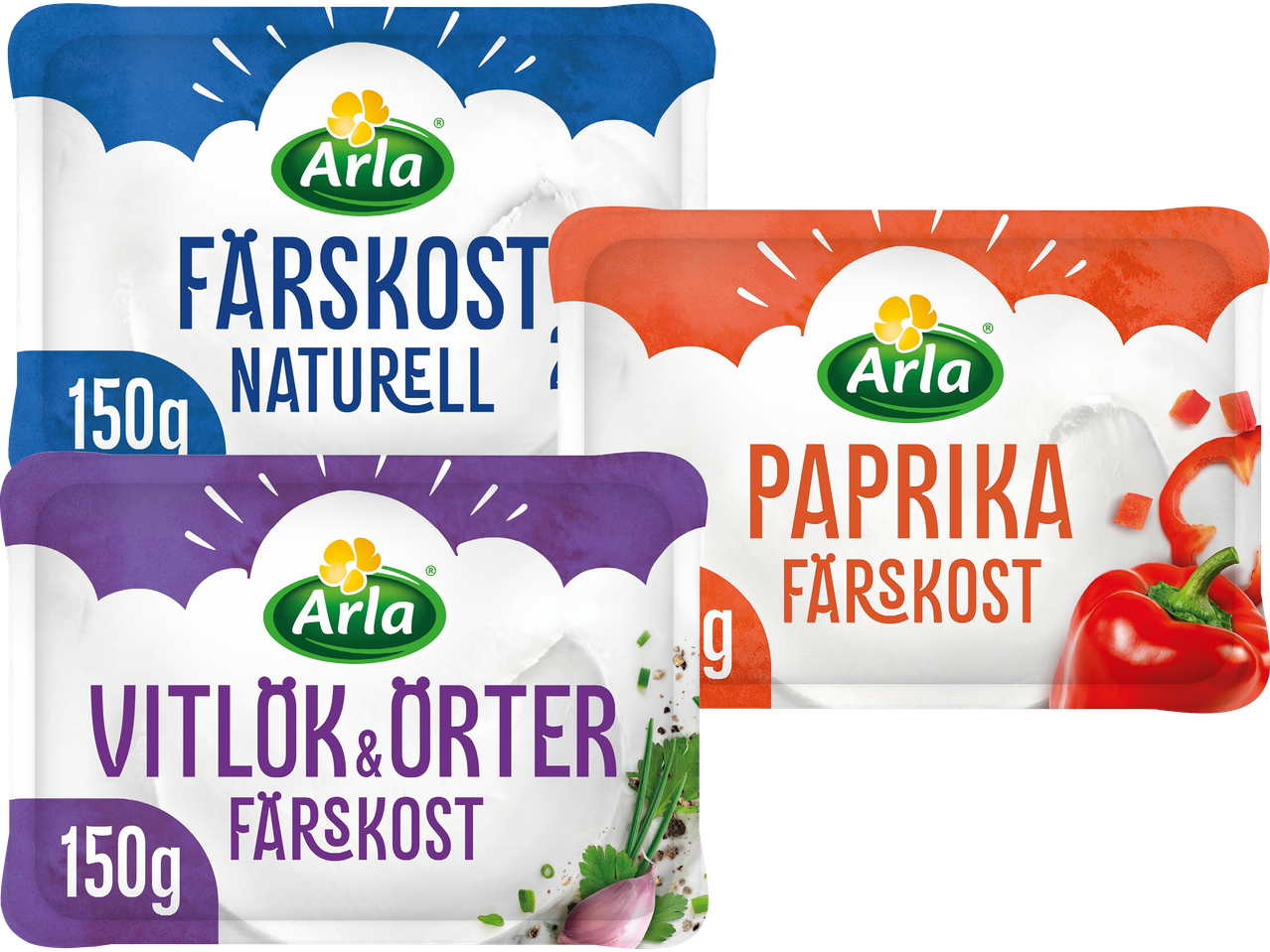 Tre Arla färskostpaket: naturell, paprika och vitlök & örter.