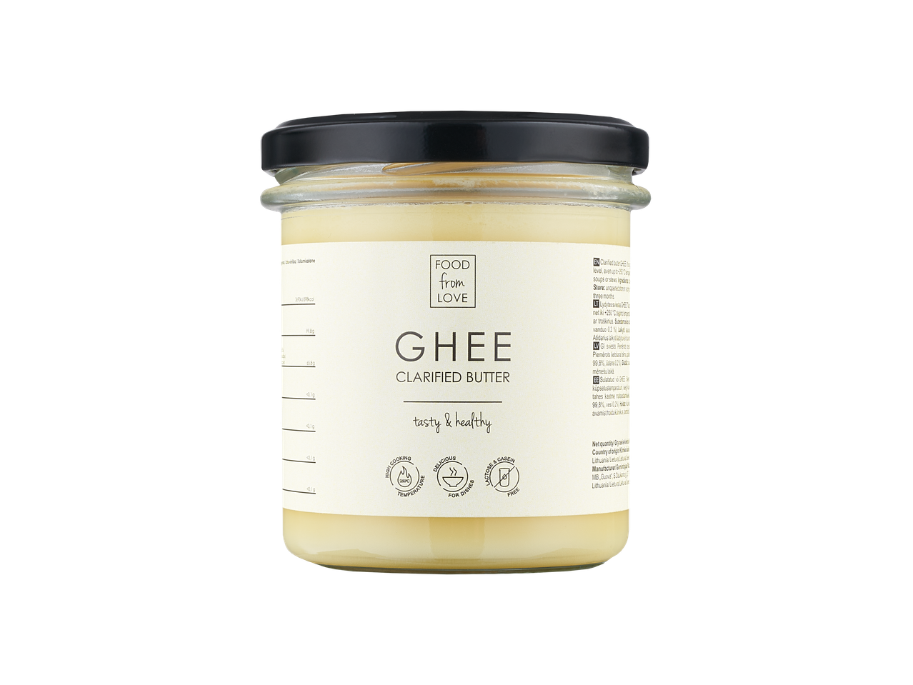 Stiklainis „Food from Love“ lydyto sviesto (Ghee) su produkto detalėmis.