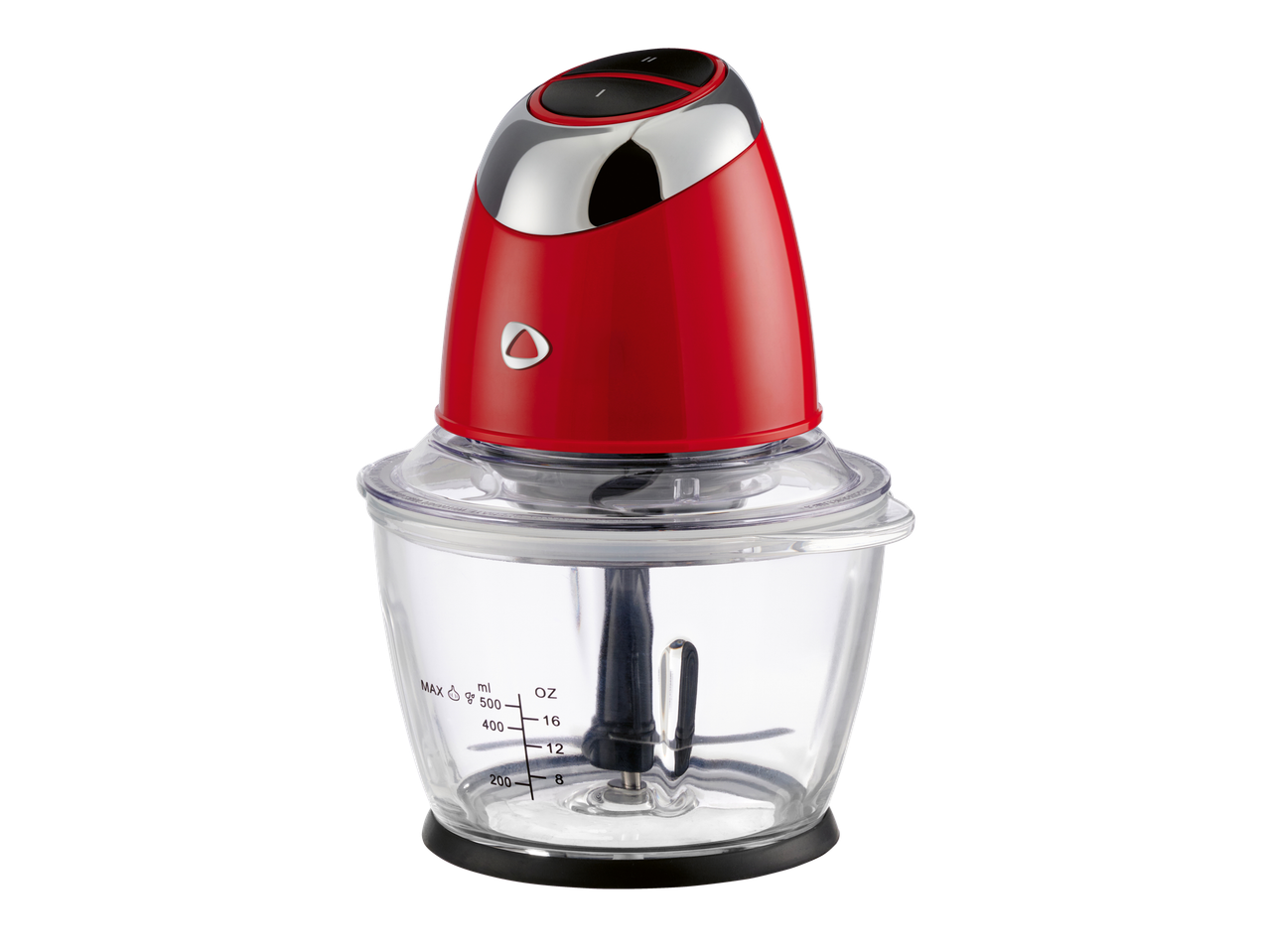 Raudonas SILVERCREST® mini smulkintuvas su permatomu dubeniu ir ašmenimis, juodame fone