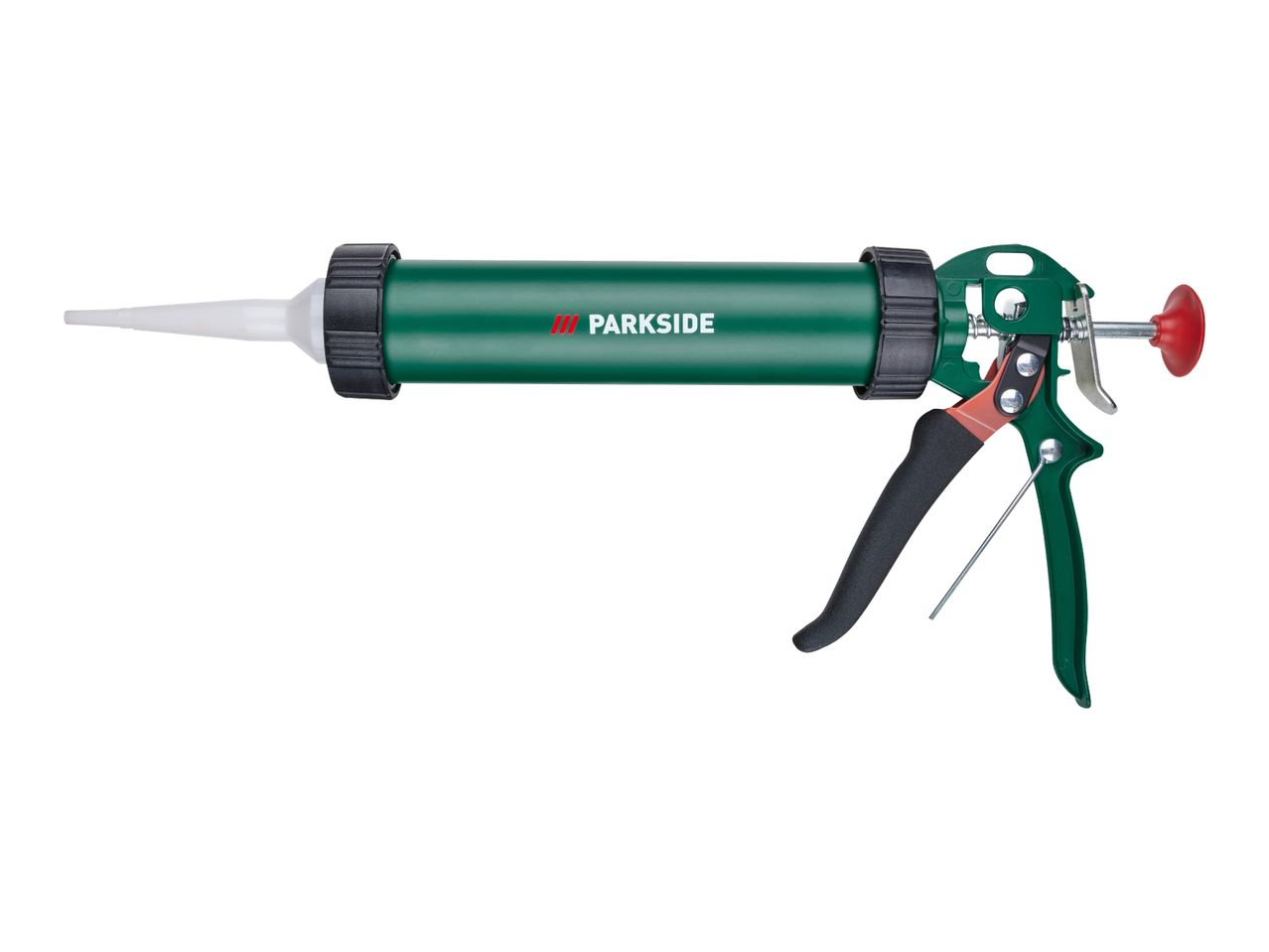 Green caulk gun with a white nozzle and a red plunger, isolated on a white background.