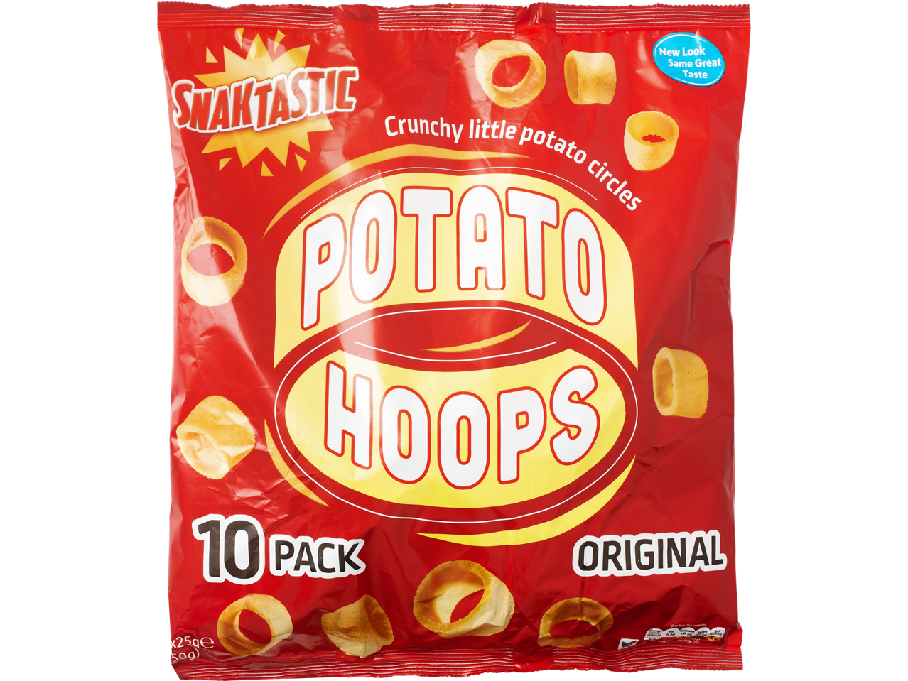 Snaktastic Potato Hoops 10-pack, original flavor, crunchy potato circles.