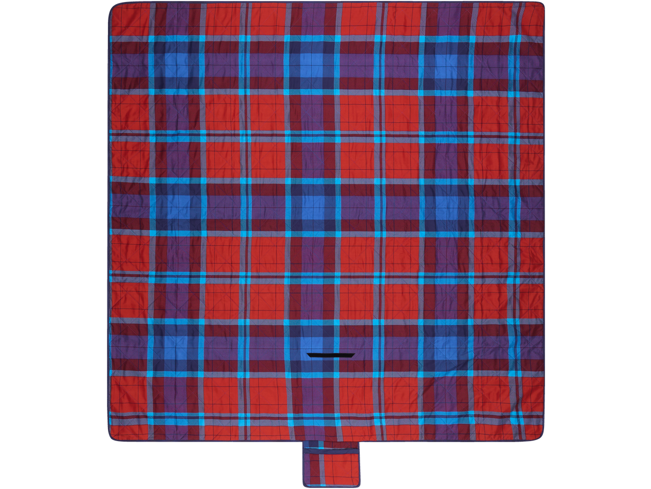 Manta de piquenique LIVARNO com padrão xadrez vermelho, azul e roxo.