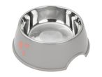 Grey pet bowl with stainless steel insert and pink heart details