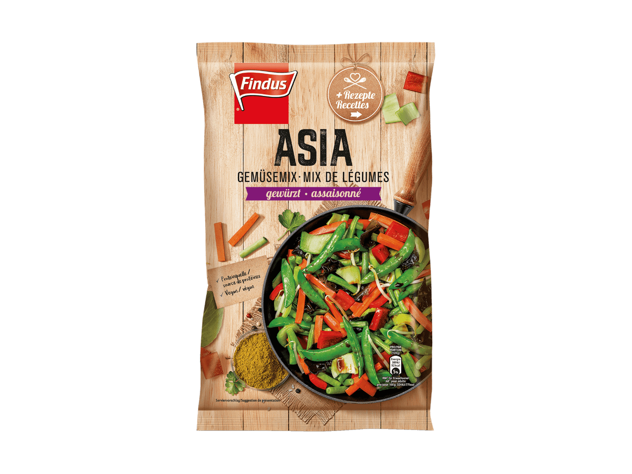 Gewürzte asiatische Gemüsemischung in einer Holzverpackung mit einer Pfanne.