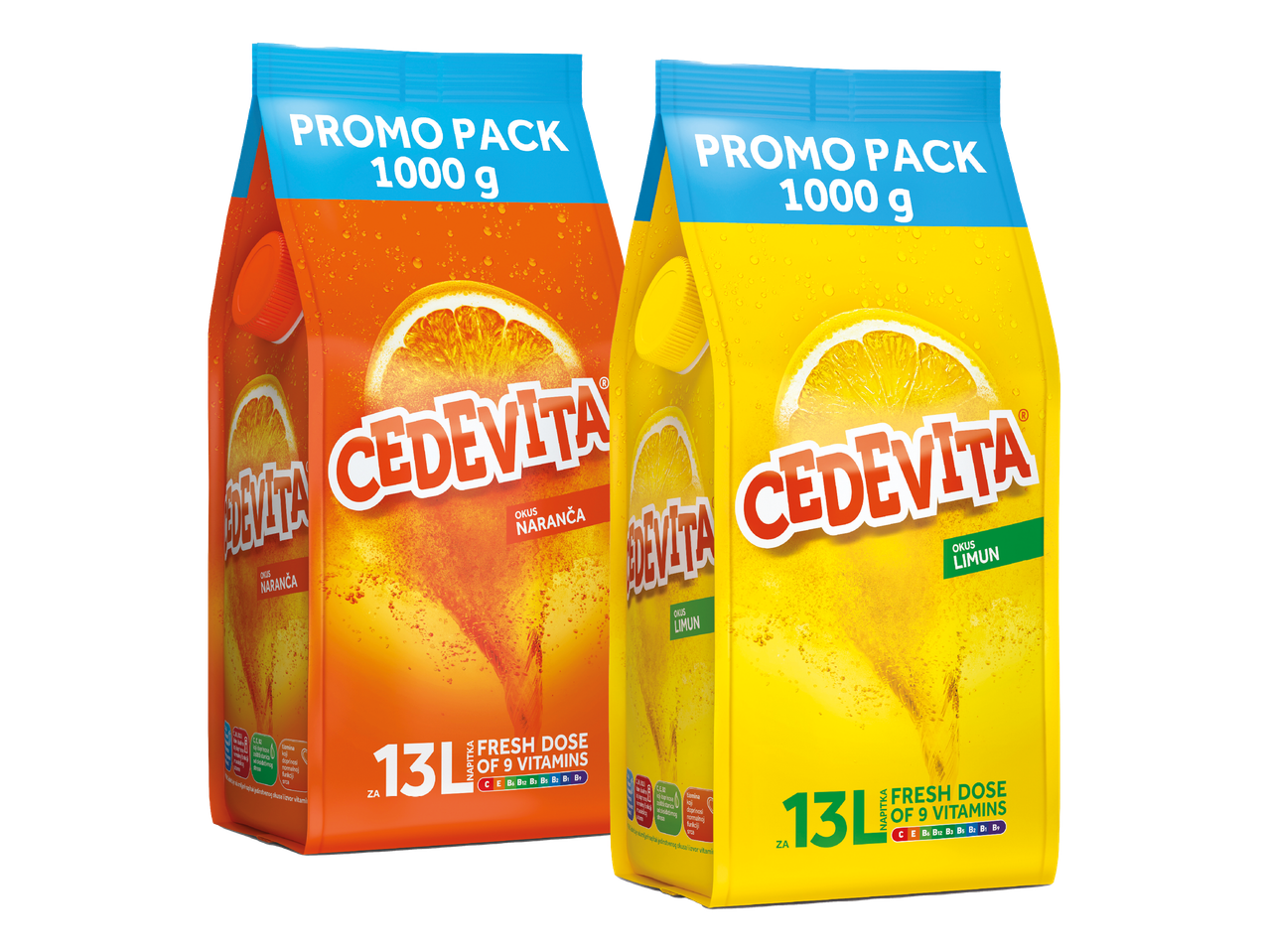 Dva pakiranja instant napitka s okusom naranče i limuna, 1000 g, s 9 vitamina.