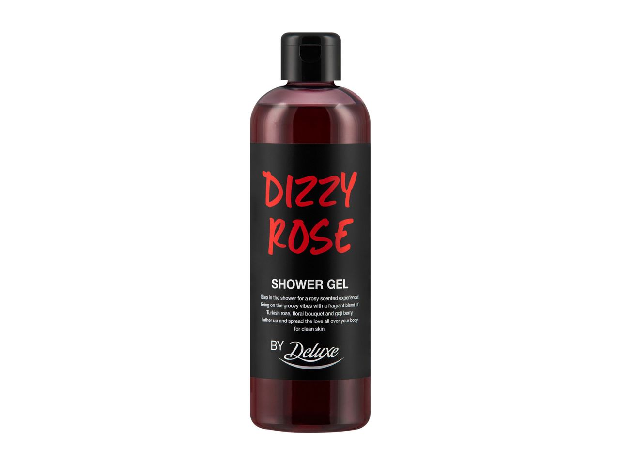 Dizzy Rose Shower Gel by Deluxe, a dark red liquid in a clear bottle with a black label.