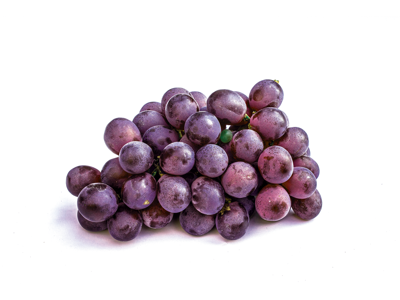 Tamsiai raudonų vynuogių kekė prieš baltą foną.