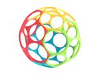 Colorful plastic baby rattle ball with large holes.