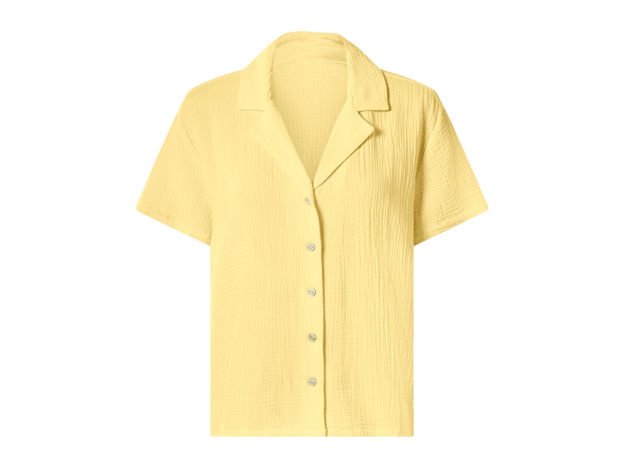 Yellow short-sleeved button-up shirt with a collar, made from a textured fabric.
