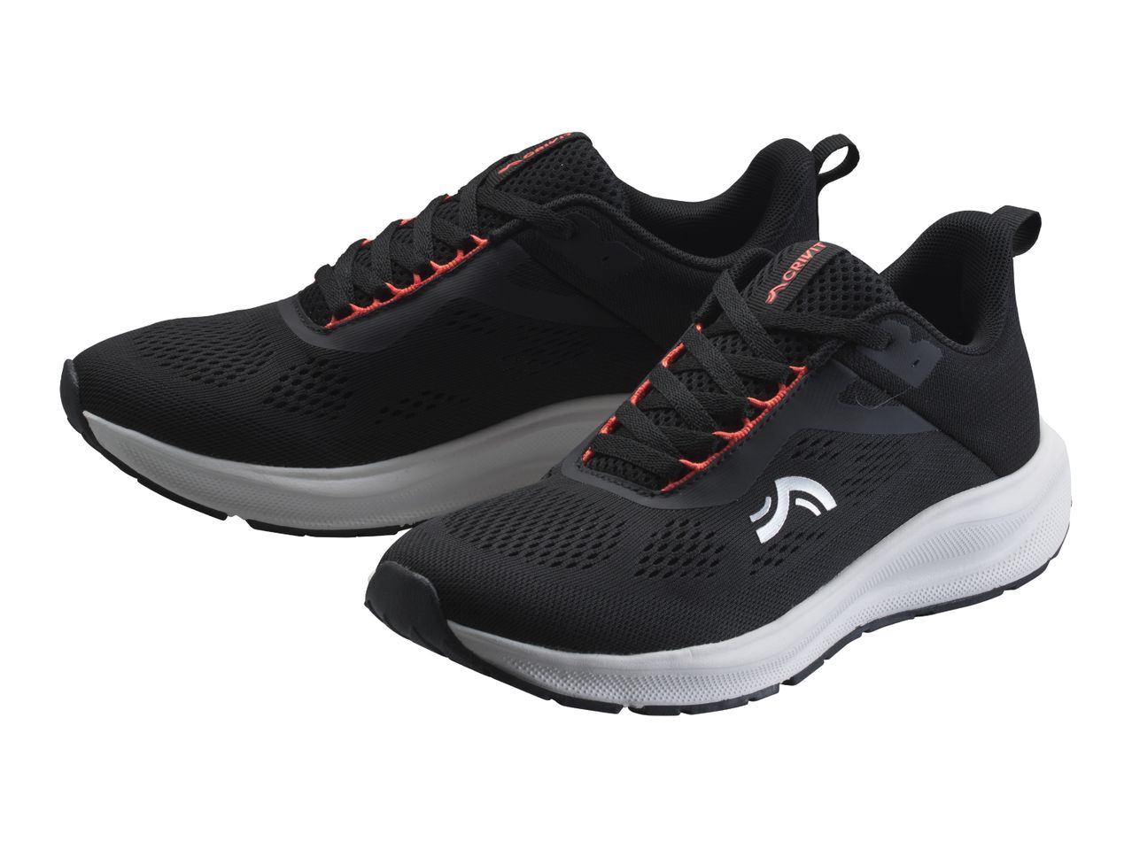 Pair of black and coral athletic shoes with white soles