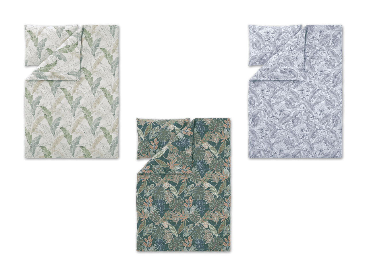 Drei Bettwäsche-Sets mit tropischen Blattmustern in Hellgrün, Dunkelgrün und Hellblau.