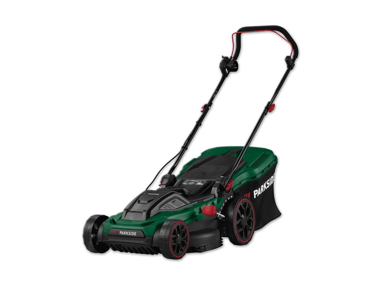 Grüner Rasenmäher mit schwarzem Grasfangkorb und roten Akzenten