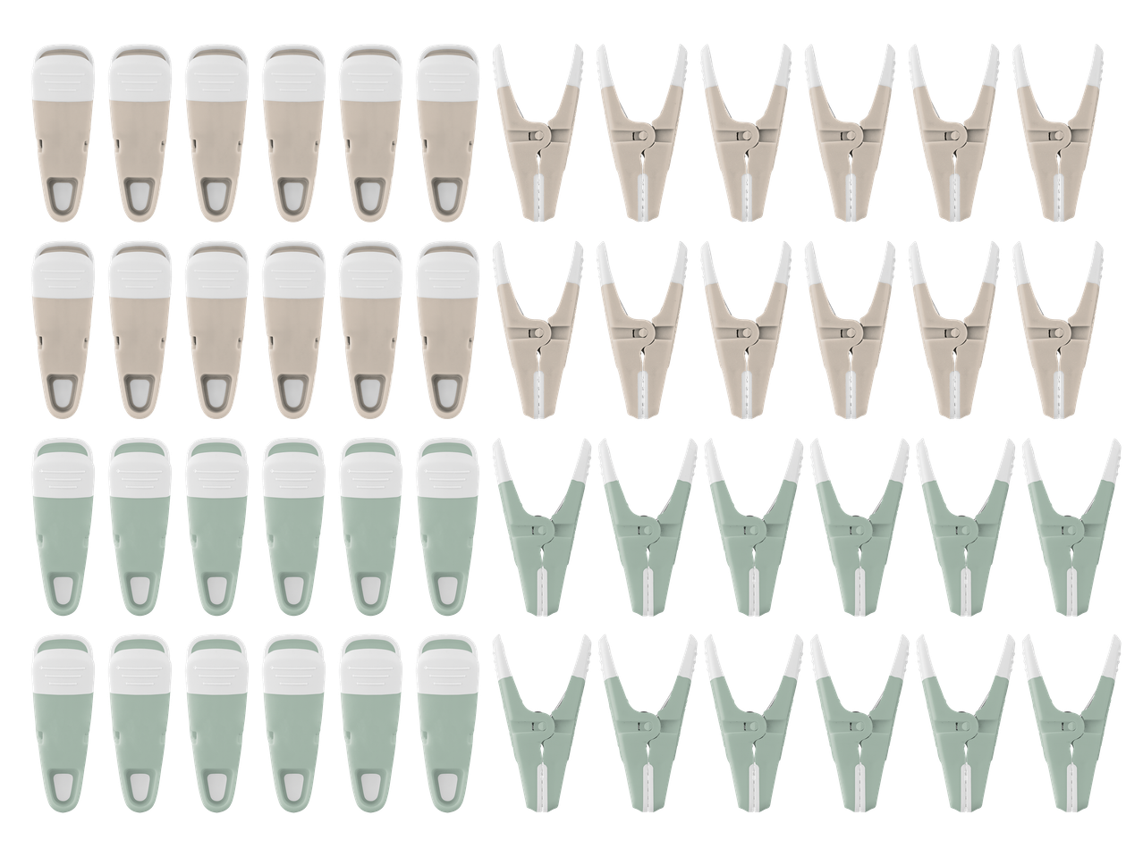 Pinces à linge et pinces de scellage en beige et vert menthe, disposées en rangées.