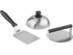 Hamburger set: stainless steel spatula, press, and dome lid.