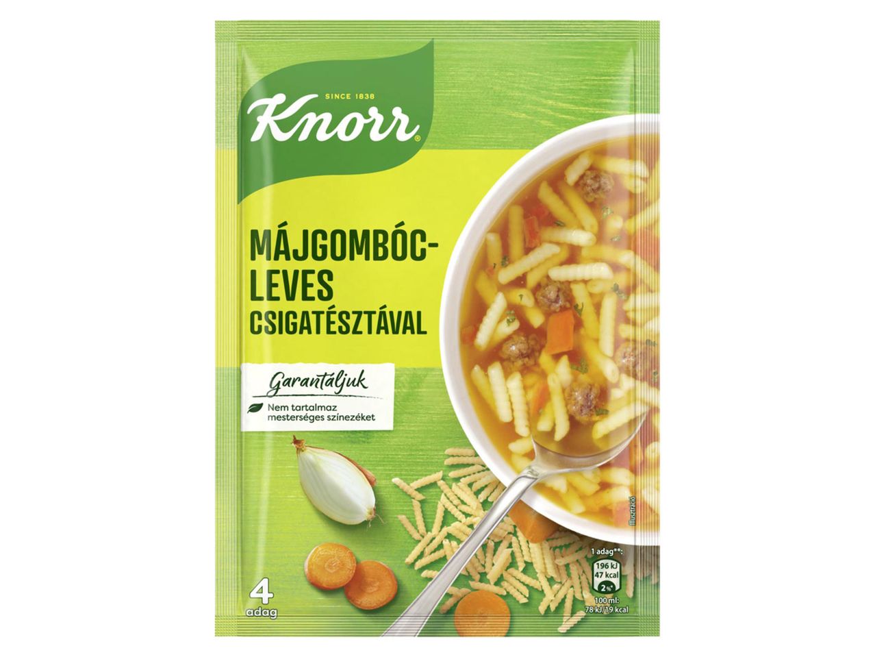 Knorr májgombóc leves csigatésztával, 4 adagos kiszerelésben.
