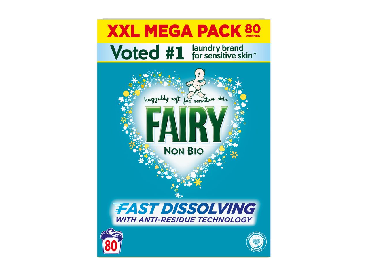 Fairy Non Bio laundry detergent box, XXL Mega Pack, 80 washes.