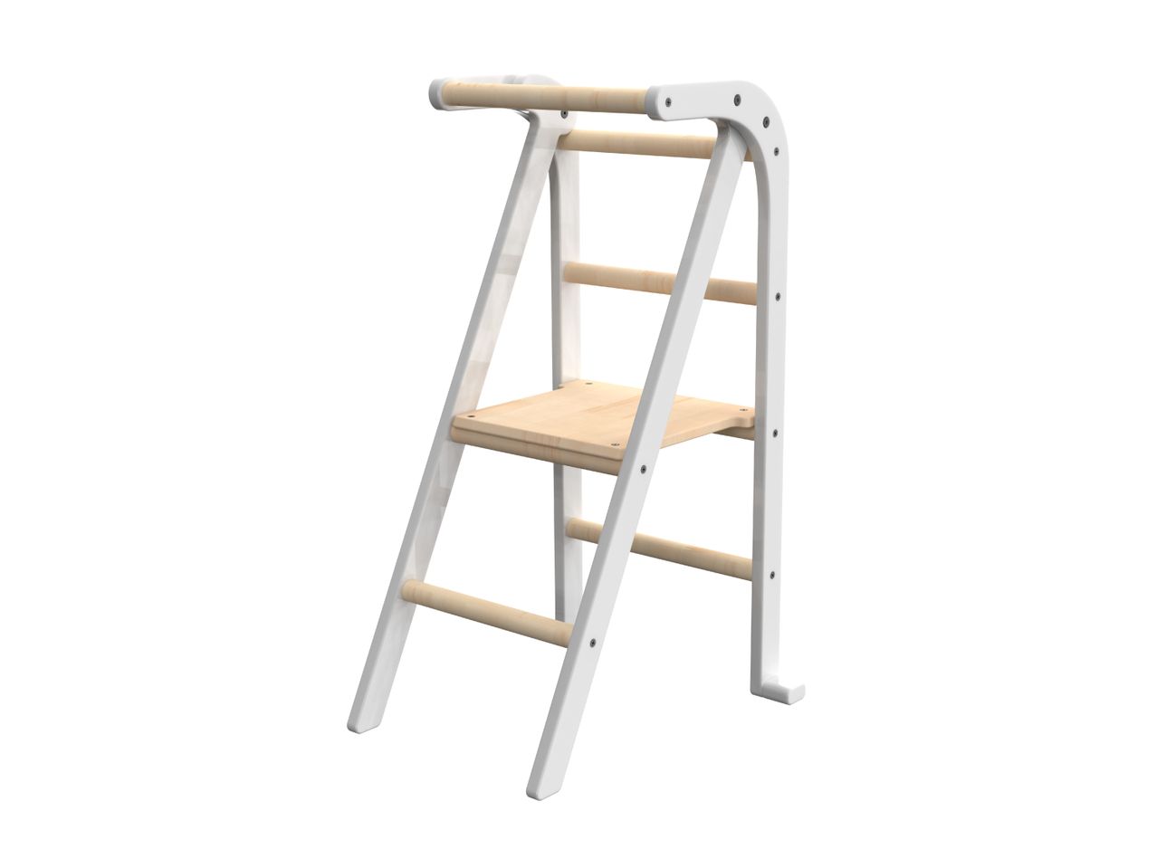 White and natural wood learning tower for children, with a safety rail and adjustable step.
