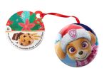 Christmas ornament with Paw Patrol's Skye and a cookie tag: 'No palm oil, 21% chocolate drops, Source of fibre'