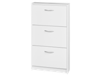 A white three-drawer shoe cabinet with silver handles.