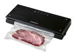 Black vacuum sealer with a piece of meat in a vacuum bag
