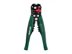 Automatic wire stripper and crimper with green and black handles, showing various wire gauges.