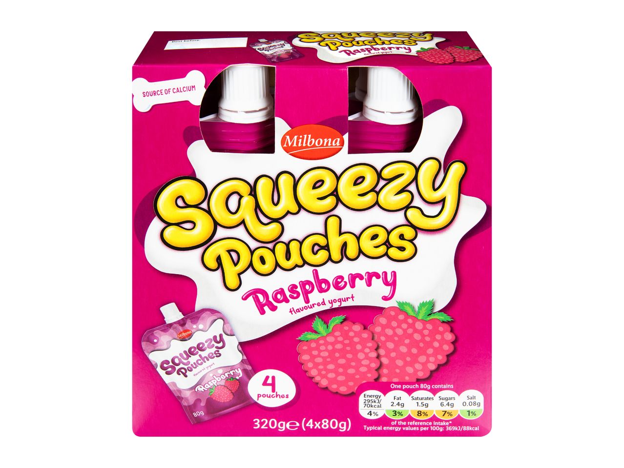 A pack of four raspberry-flavored yogurt pouches, highlighting calcium source and nutritional information.