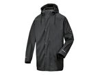 A dark gray waterproof rain jacket with a hood and snap buttons.