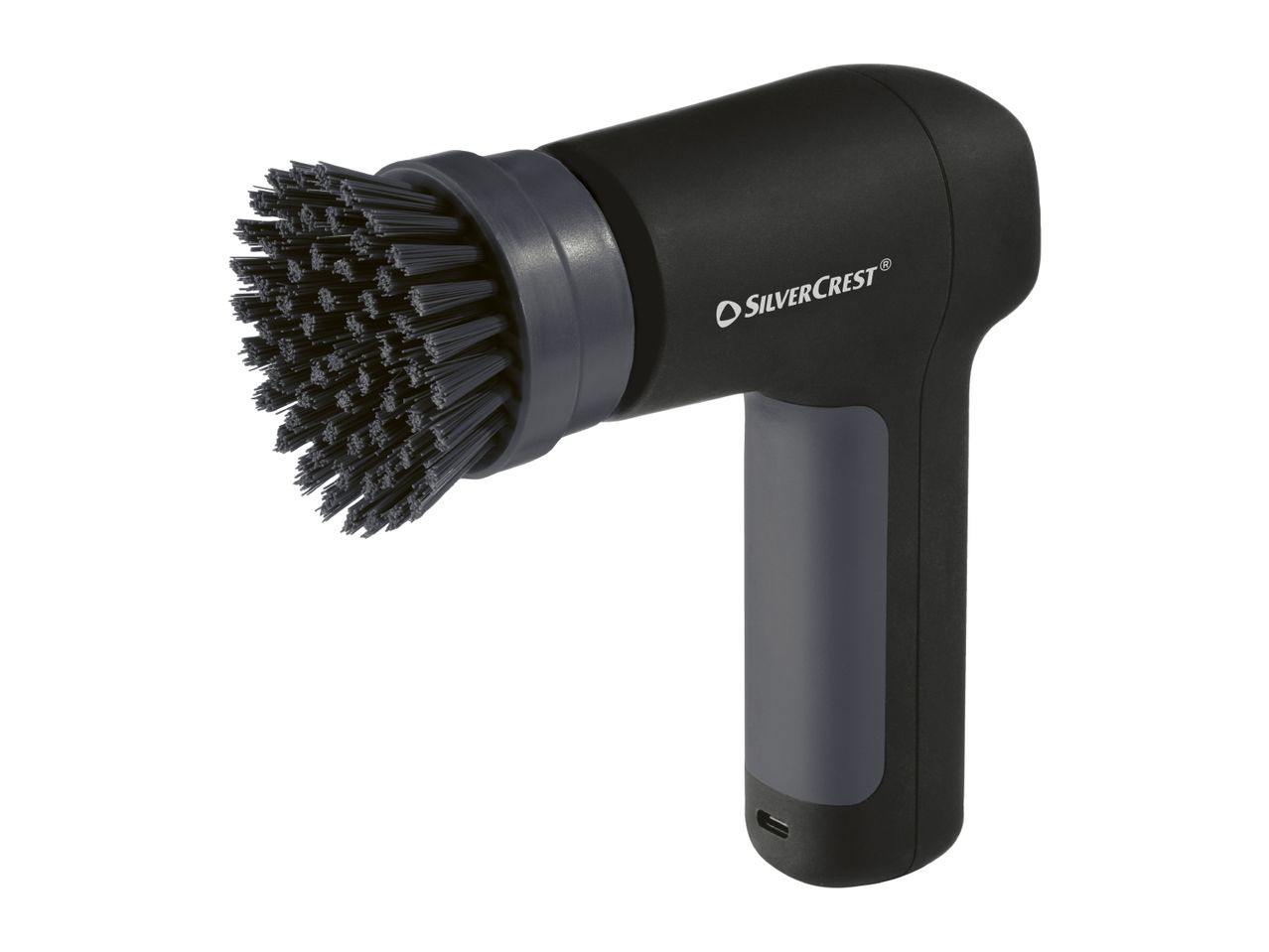 Black and grey electric cleaning brush with a round brush head.