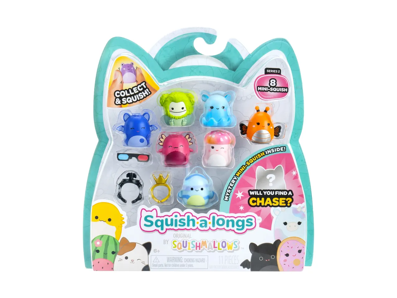 Squish-a-longs Series 2 pack with 8 mini-squish toys and accessories, including a mystery chase figure.