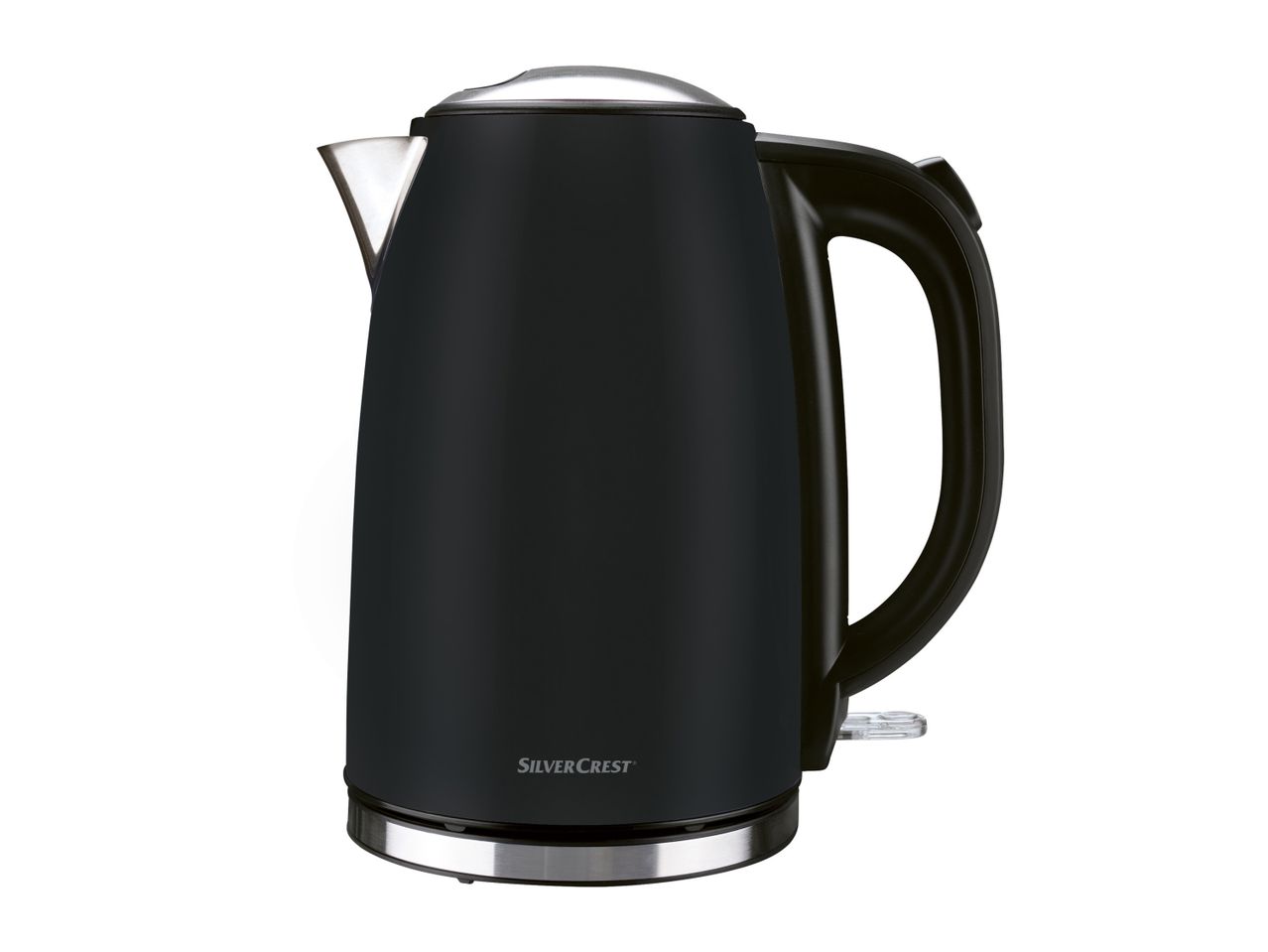 A black Breville electric kettle with a stainless steel lid.