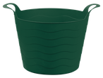 Cesto de plástico verde com alças, textura ondulada.