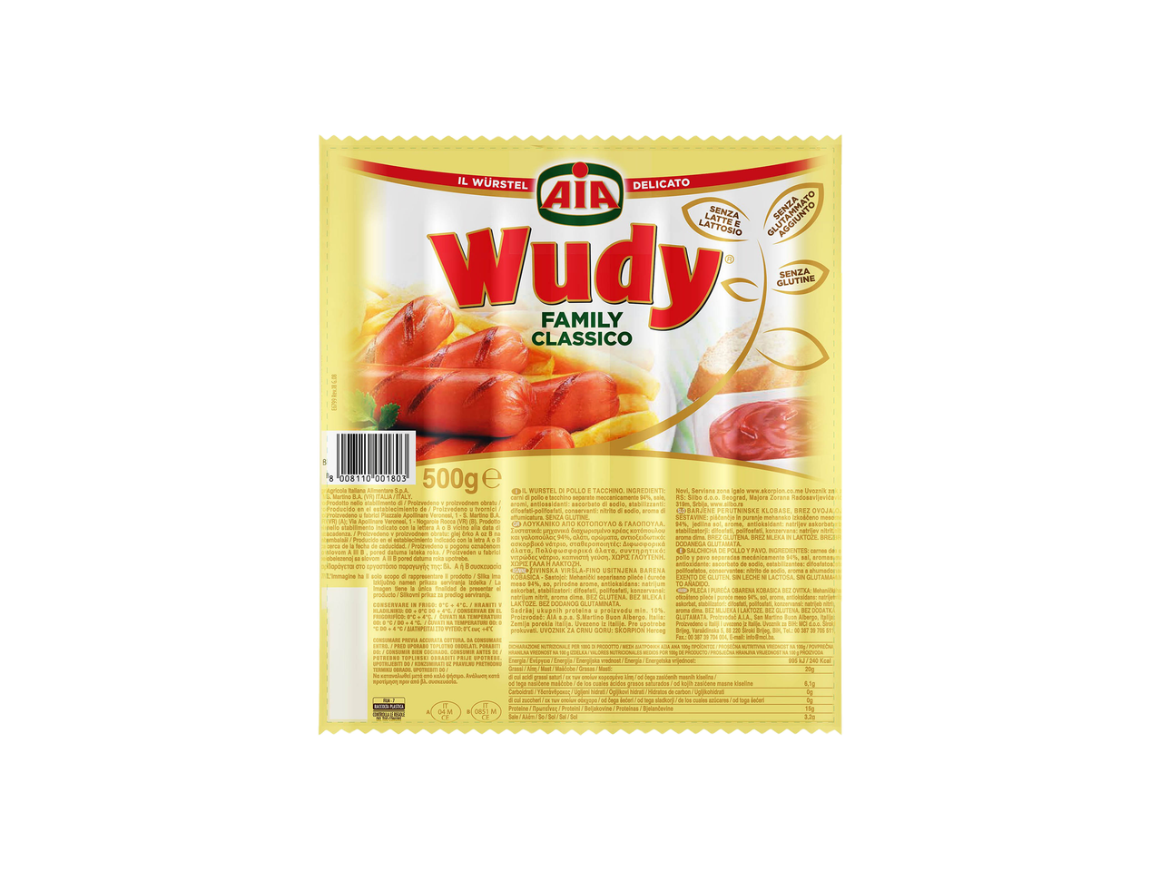 Confezione di Wudy Family Classico con würstel e patatine fritte.