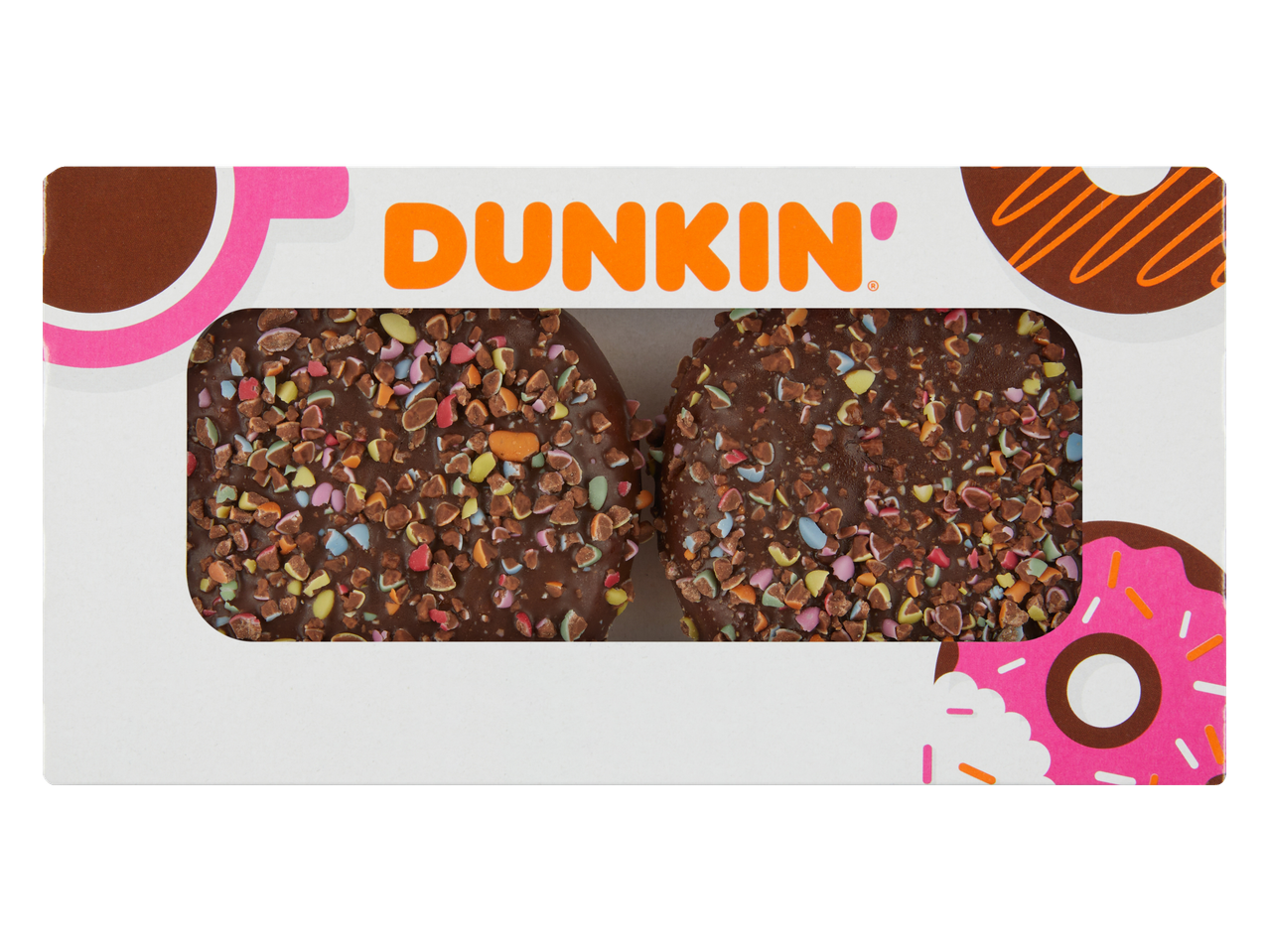 Dunkin' chocolade donuts met kleurige sprinkles.