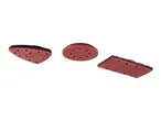 Three different types of sanding pads: triangular, round, and rectangular, with red abrasive surfaces.