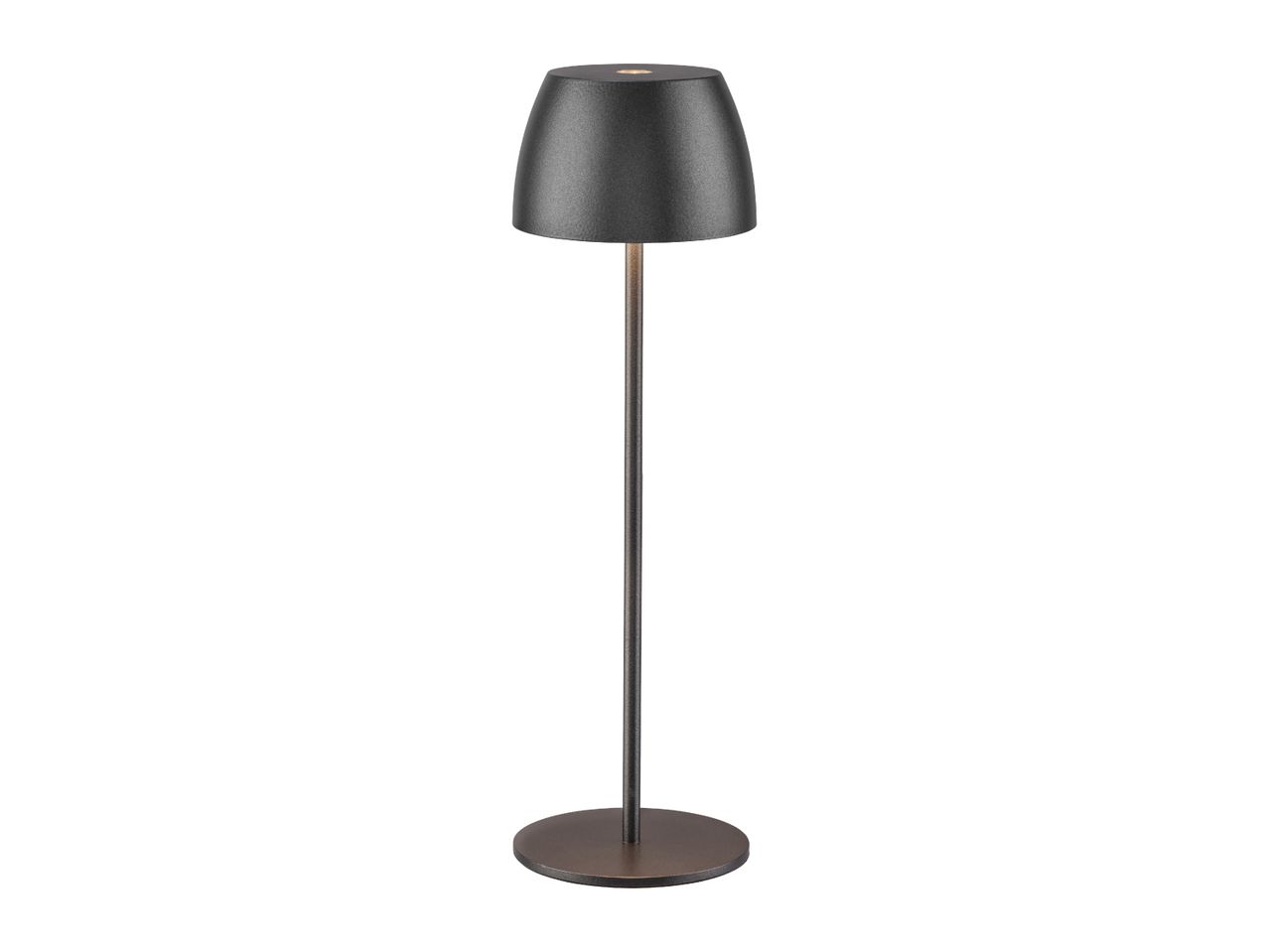 Modern dark grey cordless LED table lamp with a round base and dome shade