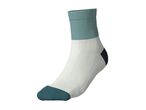 White and teal ankle sock with a dark blue heel accent.