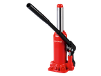 Red hydraulic bottle jack with a black handle, used for lifting heavy objects.
