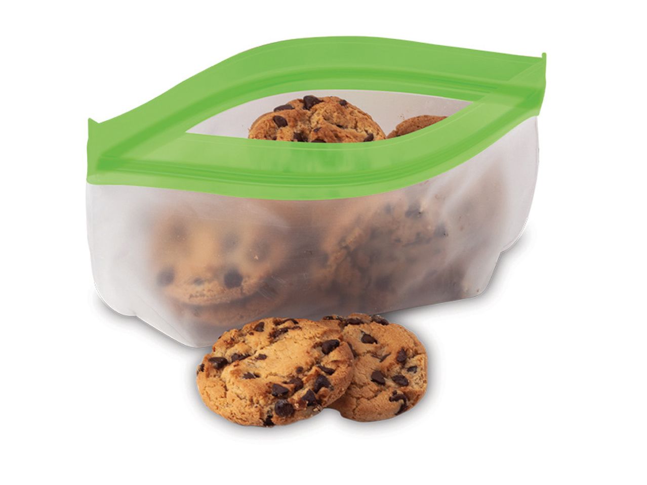 Chocolate chip cookies in a reusable silicone bag, with two cookies in front.