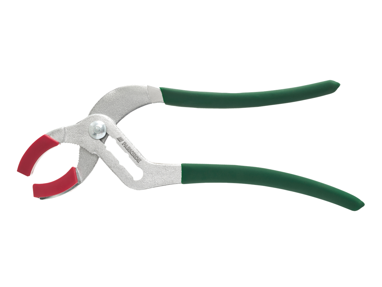 A silver PARKSIDE® pipe wrench with green handles and red jaw inserts.
