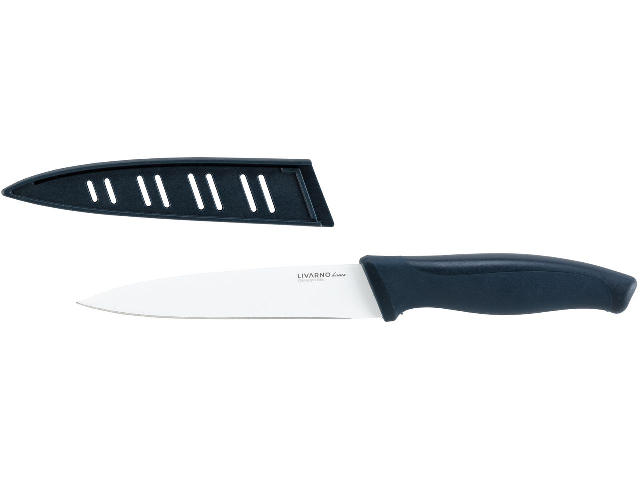 Coltello da cucina Livarno Home in acciaio inossidabile con fodero nero.