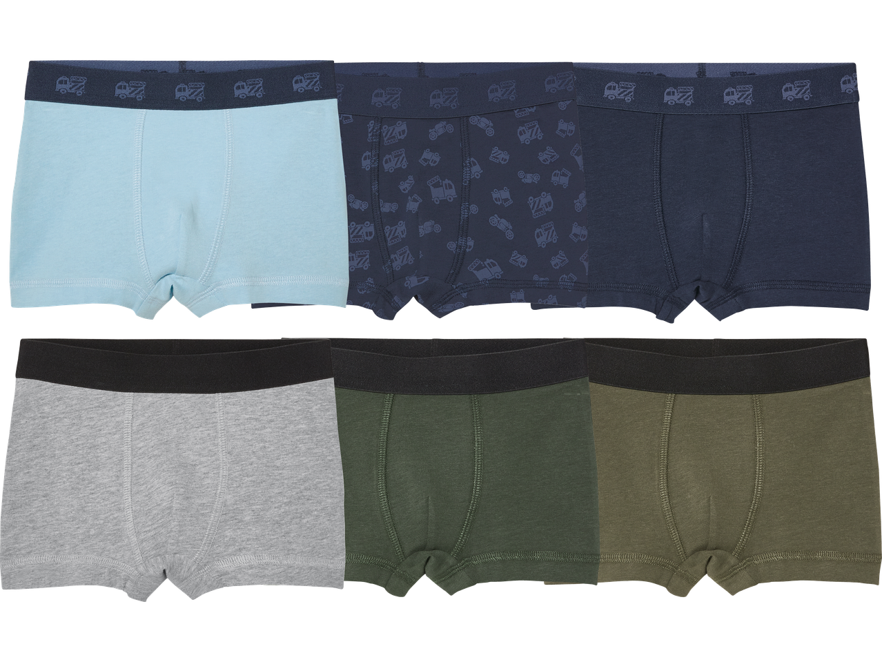 Sex par boxershorts i olika färger och mönster, inklusive blå, mörkblå, grå och olivgrön.