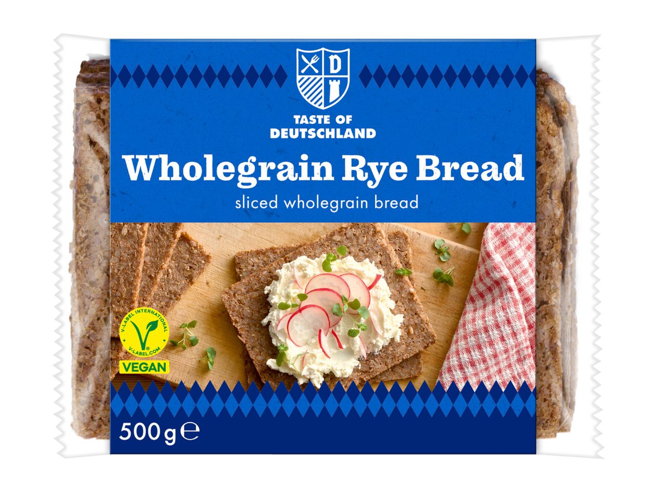 A 500g pack of sliced Wholegrain Rye Bread.