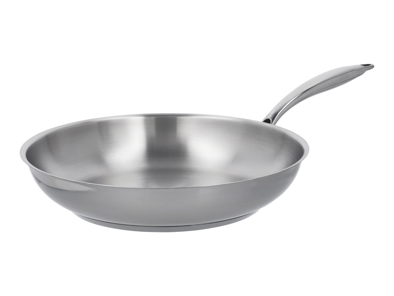 Stainless steel frying pan with a long handle, isolated on a white background.