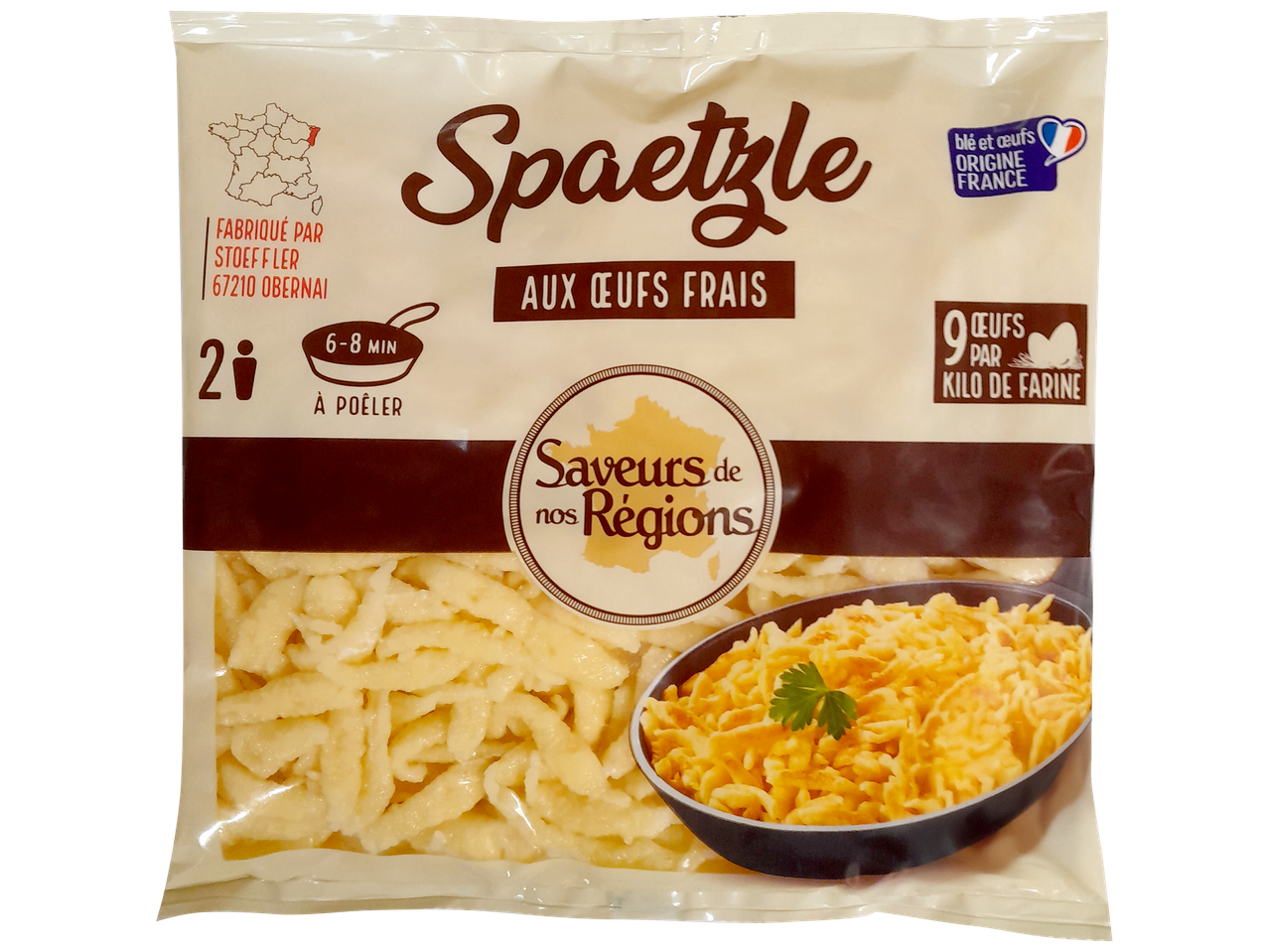 Paquet de spaetzle aux œufs frais, avec instructions de cuisson et origine française.