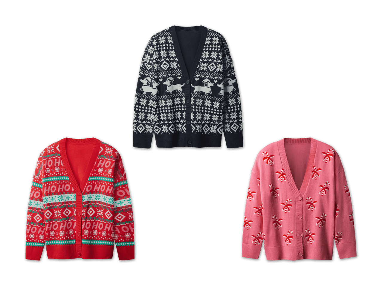 Drei Weihnachtscardigans: dunkelblau mit Rentieren, rot mit „HO HO HO“ und rosa mit Zuckerstangen.